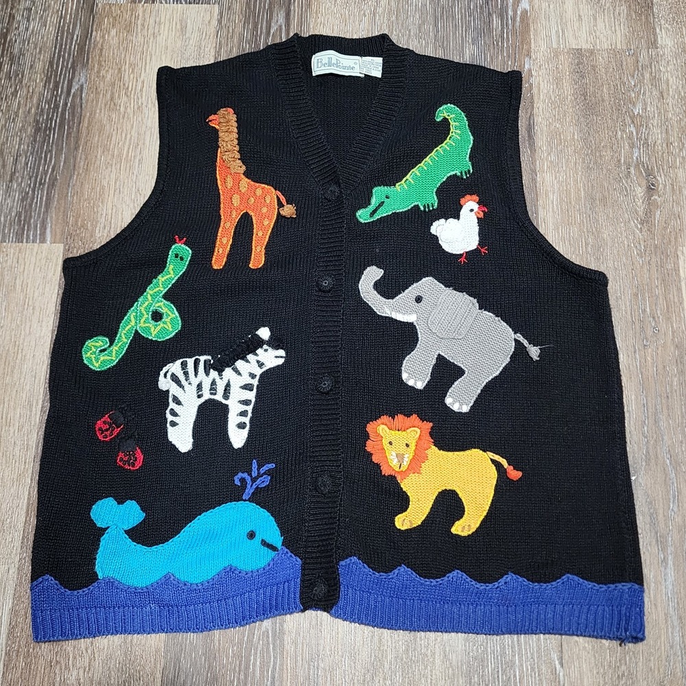 Vintage Bellepointe Noah's Ark Animals Knit Novelty VEST Jesus God | Size XL